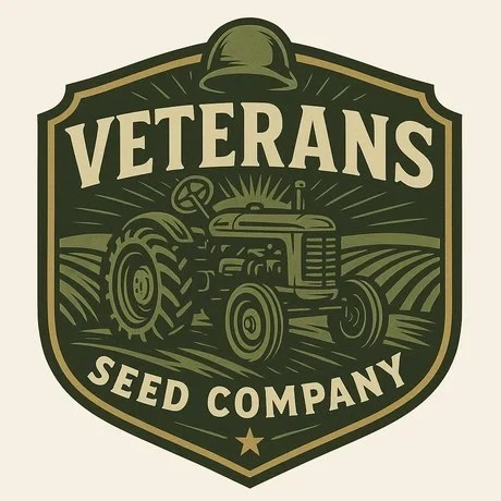 Veterans Seed Company logo featuring a vintage tractor and military helmet inside a green shield